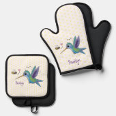 かわいい蜂ハミングバード漫画イラストレーション 鍋つかみ&鍋敷きセット (正面/裏面)