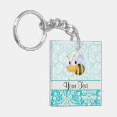 かわいい蜂; ティール(緑がかった色)のダマスク織パターン キーホルダー (正面左)