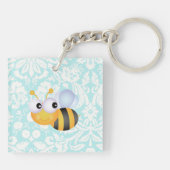 かわいい蜂; ティール(緑がかった色)のダマスク織パターン キーホルダー (裏面)