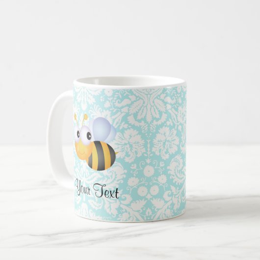 かわいい蜂; ティール(緑がかった色)のダマスク織パターン コーヒーマグカップ (正面左)