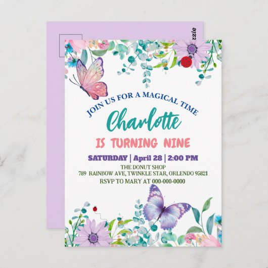 かわいい蝶々 水玉模様 花 フラワー 誕生日 ポストカード (正面/裏面)