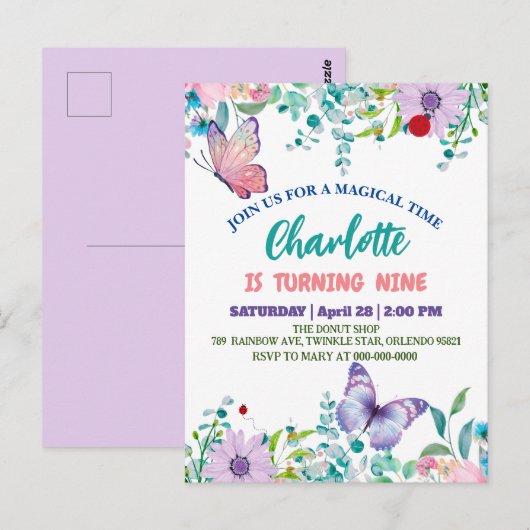 かわいい蝶々 水玉 花 フラワーの誕生日 ポストカード (正面/裏面)