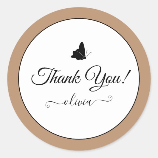かわいい蝶ありがとうラベルクリームベージュタン ラウンドシール (正面)