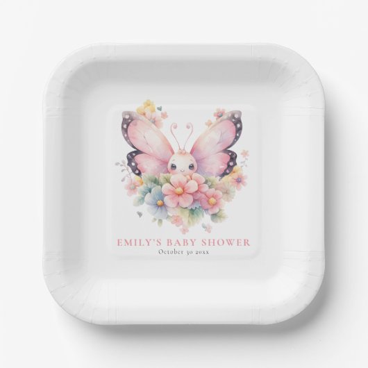 かわいい蝶と花模様ピンク赤ちゃんシャワー ペーパープレート (正面)