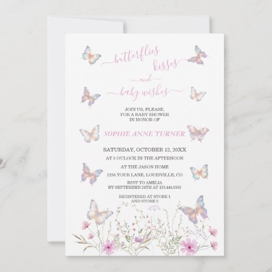 かわいい蝶のキスとベビーが赤ちゃんのシャワーを願う 招待状 (正面)