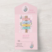 かわいい蝶のフローラサインピンク赤ちゃんシャワー オールインワン招待状 (内側)