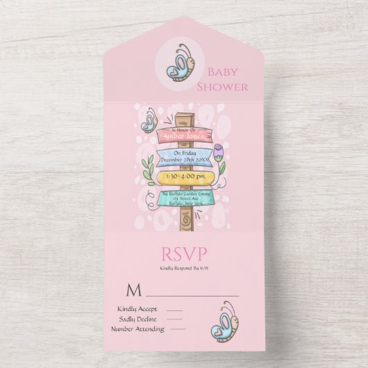 かわいい蝶のフローラサインピンク赤ちゃんシャワー オールインワン招待状 (内側)