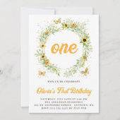 かわいい蝶の付いたひまわりリースの誕生日 招待状 (正面)