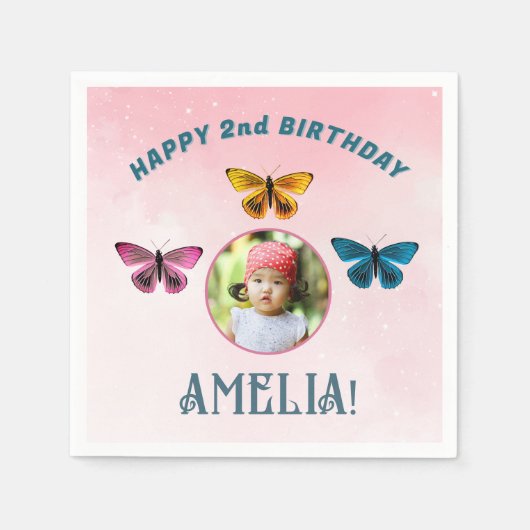 かわいい蝶の女の子の誕生日パーティー写真 スタンダードカクテルナプキン (正面)