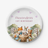 かわいい蝶の女の子ウッドランド動物1st誕生日 ペーパープレート (正面)