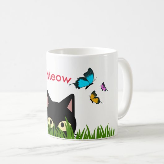 かわいい蝶の庭と黒猫のマグカップ コーヒーマグカップ (正面右)