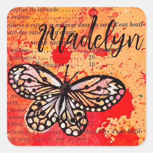 かわいい蝶の水色ヴィンテージボホー名前を追加 スクエアシール (正面)