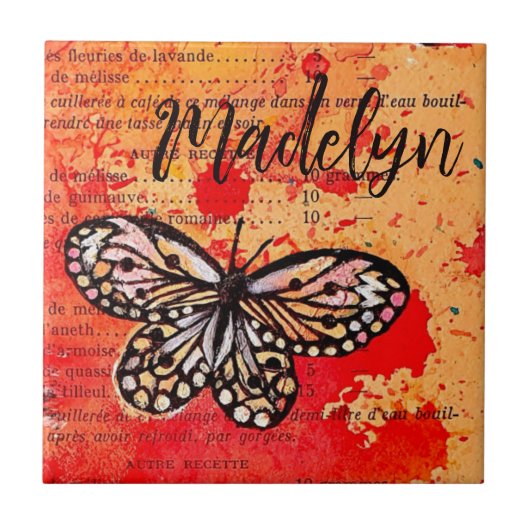 かわいい蝶の水色ヴィンテージボホー名前を追加 タイル (正面)
