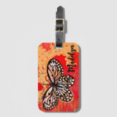 かわいい蝶の水色ヴィンテージボホー名前を追加 ラゲッジタグ (正面縦)