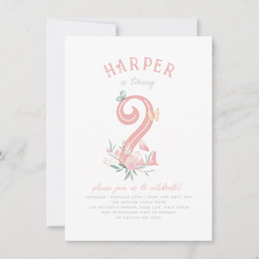 かわいい蝶の童話ピンクの女の子誕生日パーティー 招待状 (正面)