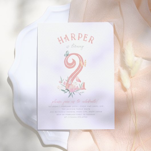 かわいい蝶の童話ピンクの女の子誕生日パーティー 招待状