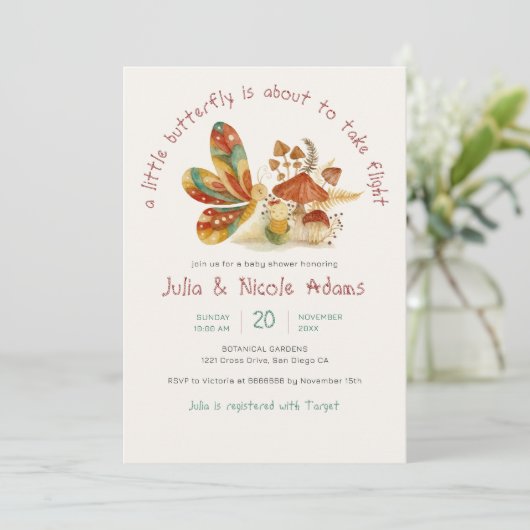 かわいい蝶の繭きのこの赤ちゃんシャワー 招待状 (スタンド正面)