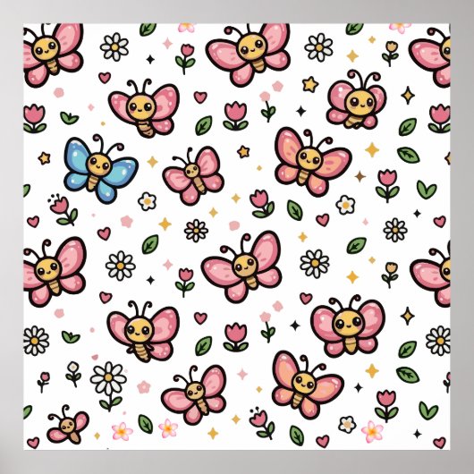 かわいい蝶の花のシームレスなパターン ポスター (正面)