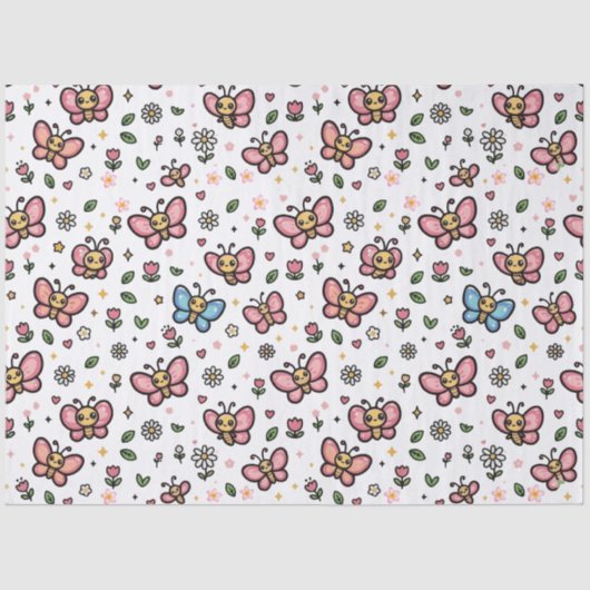 かわいい蝶の花のシームレスなパターン 薄葉紙 (正面)