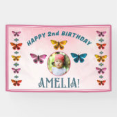 かわいい蝶の花の女の子の誕生日パーティーの写真 横断幕 (横)