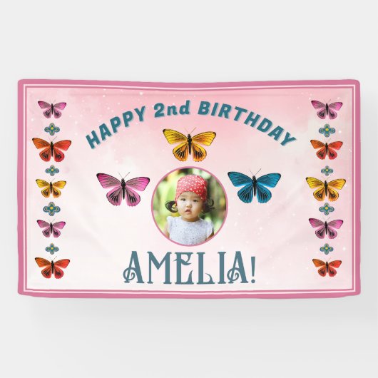 かわいい蝶の花の女の子の誕生日パーティーの写真 横断幕 (横)