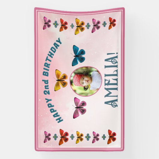 かわいい蝶の花の女の子の誕生日パーティーの写真 横断幕 (縦)