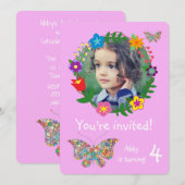 かわいい蝶の花の女の子の誕生日パーティー 招待状 (正面/裏面)