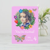 かわいい蝶の花の女の子の誕生日パーティー 招待状 (スタンド正面)