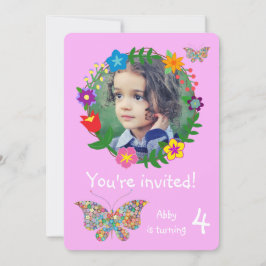 かわいい蝶の花の女の子の誕生日パーティー 招待状