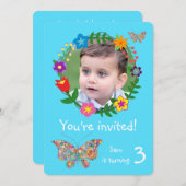 かわいい蝶の花の少年誕生パーティー 招待状 (正面/裏面)