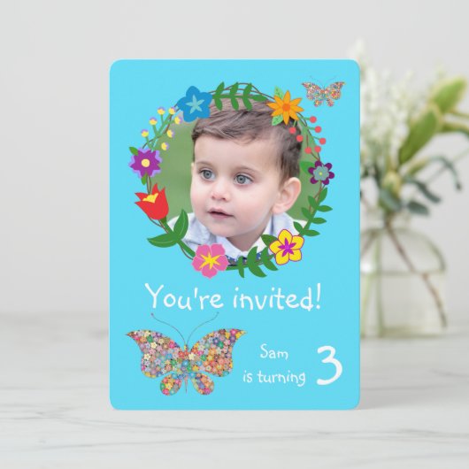 かわいい蝶の花の少年誕生パーティー 招待状 (スタンド正面)