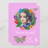 かわいい蝶の花ガールズバースデーパーティー 招待状 (正面/裏面)