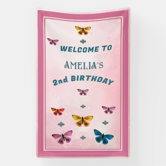 かわいい蝶の花ガールバースデーパーティーへようこそ 横断幕 (縦)