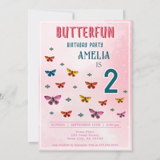 かわいい蝶の花ガールバースデーパーティー 招待状 (正面)