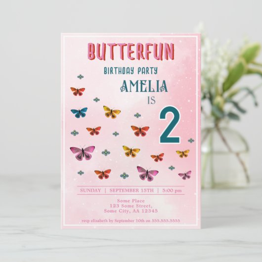 かわいい蝶の花ガールバースデーパーティー 招待状 (スタンド正面)