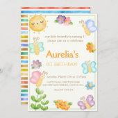 かわいい蝶の誕生日の招待状。 招待状 (正面/裏面)