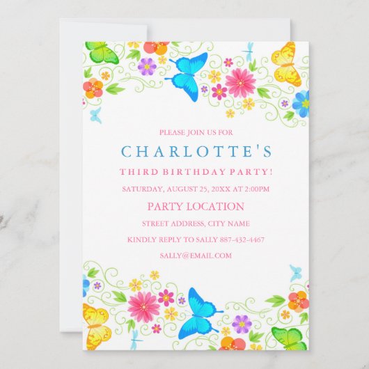 かわいい蝶の誕生日招待状 招待状 (正面)