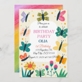 かわいい蝶の1歳誕生日招待状 招待状 (正面/裏面)