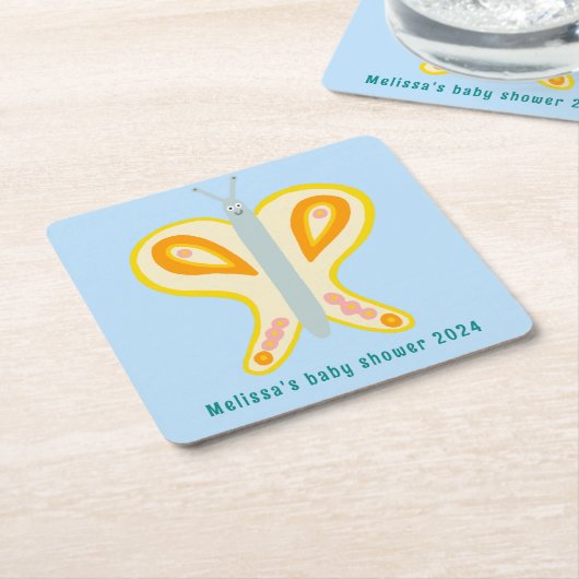 かわいい蝶カスタムの赤ちゃんシャワー スクエアペーパーコースター (アングル)