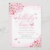 かわいい蝶ピンクの水色フローラ1st誕生日 招待状 (正面/裏面)