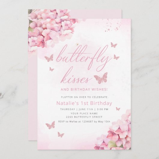 かわいい蝶ピンクの水色フローラ1st誕生日 招待状 (正面/裏面)