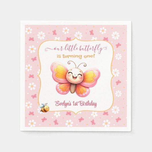 かわいい蝶ピンクフローラガール1st誕生日 スタンダードカクテルナプキン (正面)