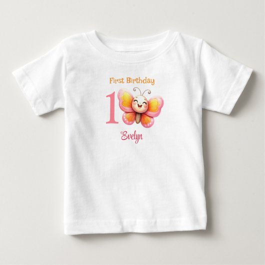 かわいい蝶ピンクフローラ名女の子1st誕生日 ベビーTシャツ (正面)