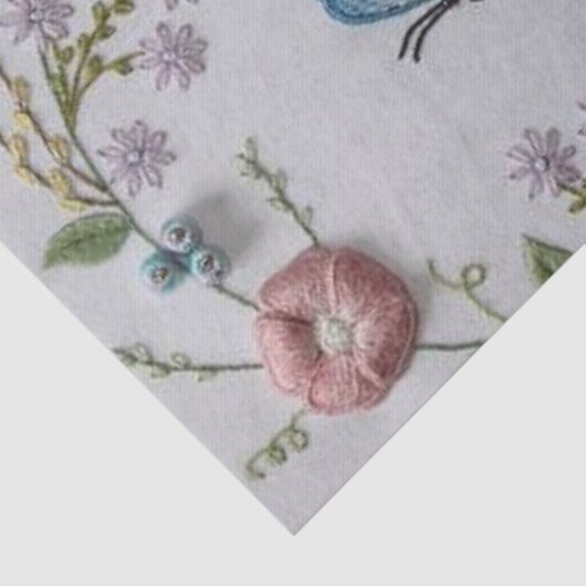 かわいい蝶ミントの緑のピンクの刺繍の花柄 薄葉紙 (詳細)