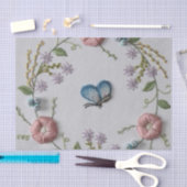 かわいい蝶ミントの緑のピンクの刺繍の花柄 薄葉紙 (クラフト)