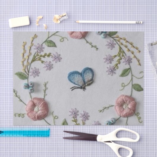 かわいい蝶ミントの緑のピンクの刺繍の花柄 薄葉紙 (クラフト)