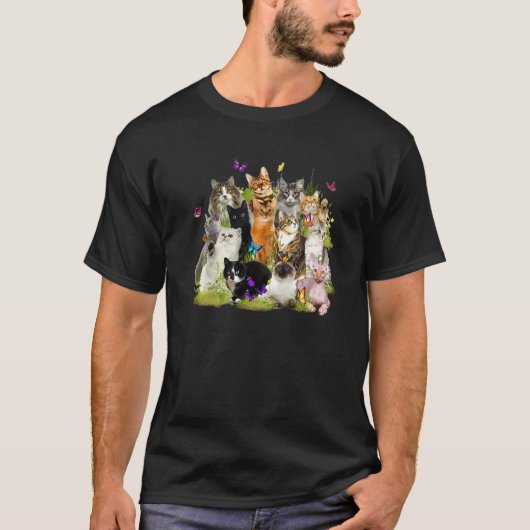 かわいい蝶子猫花飛ぶ猫ネコママモ Tシャツ (正面)
