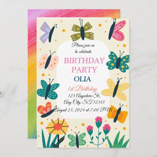 かわいい蝶1歳の誕生日の招待状 招待状 (正面/裏面)