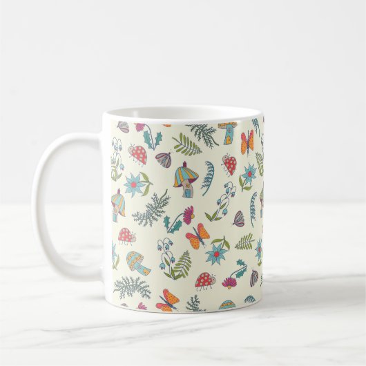 かわいい蝶、花、キノコ、蛾、バグアート コーヒーマグカップ (左)