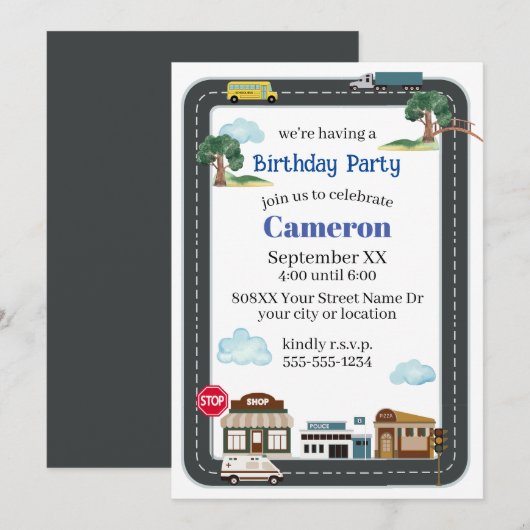 かわいい街の風景　交通道路 招待状 (正面/裏面)